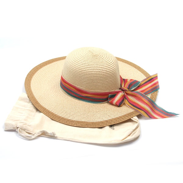 Folding Travel Sun Hat with a Wide Brim and Multicoloured Ribbon