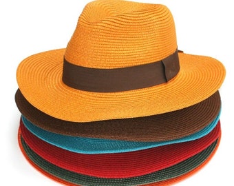 Panama Folding Hat - Mixed Colours. Teal Green, Red, Chocolate Brown, Royal Blue, Orange & Mustard