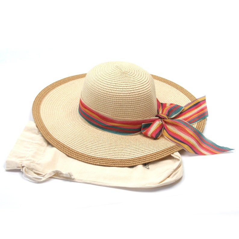 Folding Travel Sun Hat with a Wide Brim and Multicoloured Ribbon image 1