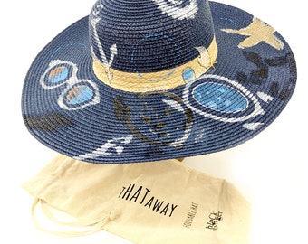 Blue Seaside Wide Brim Sun Hat with Sunglasses Decoration and Travel Bag