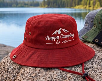 Happy Camping Hiking hat, Custom Embroidered Cotton Bucket Hat, Personalized Summer Sun Hat S1608