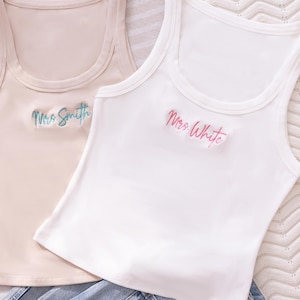 Womens Tank Top Wedding Embroidered Gifts Bridesmaid Pajamas Bride to Be Tank Spaghetti Strap Tank Tops Personalized Mrs Tank Top 25072602