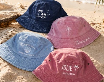 Custom Beach Club Bucket Hat,Personalized Name & Location Embroidered Sun Hat,Custom Beach Bucket Hat,Beach Party Matching Hats,G0802