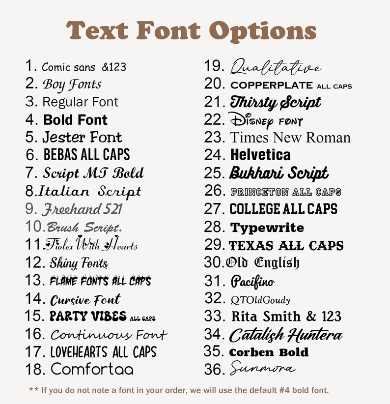 May include: A list of 36 text font options in various styles, including Comic Sans, Bold, Cursive, and Disney Font. The text is in a brown color against a cream background. The image also includes the text "Text Font Options".