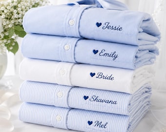 Personalized Bridesmaid Shirt, Custom Embroidered Cuff Button Down Shirt, Bridal Party Getting Ready Shirt, Bachelorette Shirt Gift F07