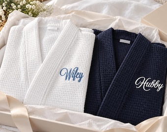 Custom Embroidered Couple Robes, Personalized Wifey Hubby Robes, Wedding Anniversary Gift, Newlywed Honeymoon Gift  FF10