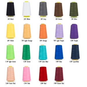 May include: A set of 19 spools of thread in various colours, including black, white, grey, brown, olive, yellow, light orange, orange, light purple, purple, light green, green, lake blue, blue, cyan-blue, flesh pink, pink, red, and brown red.