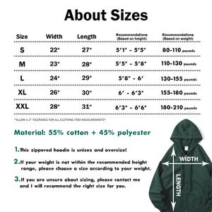 May include: Size chart for a unisex oversized zippered hoodie, made of 55% cotton and 45% polyester. The chart shows the width and length of the hoodie in inches, as well as recommended height and weight ranges for each size.