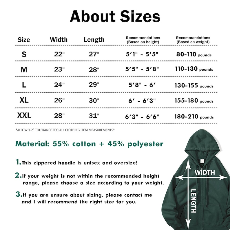 May include: Size chart for a unisex oversized zippered hoodie, made of 55% cotton and 45% polyester. The chart shows the width and length of the hoodie in inches, as well as recommended height and weight ranges for each size.