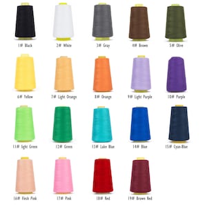 May include: A collection of 19 spools of thread in various colors, including black, white, gray, brown, olive, yellow, light orange, orange, light purple, purple, light green, green, lake blue, blue, cyan-blue, flesh pink, pink, red, and brown red.