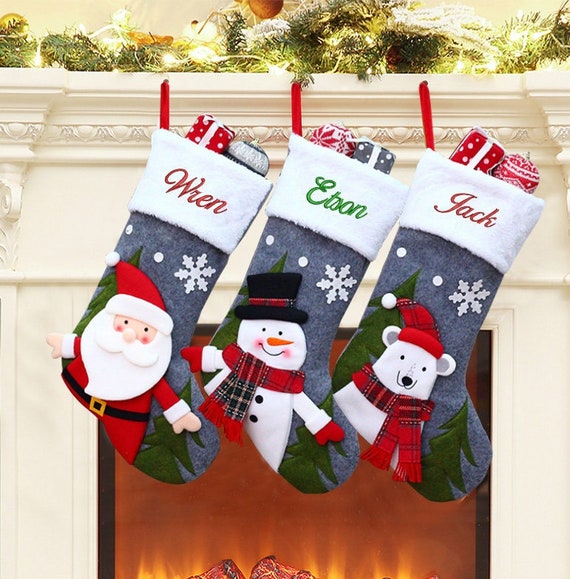 Applique Santa and Friends Christmas Stockings Embroidered with Names or Personalized Monogram for Kids and Adults Family Christmas Gift
