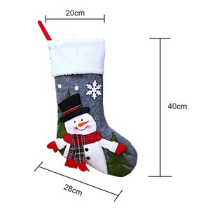 May include: A gray Christmas stocking with a snowman design. The stocking is 40cm long and 28cm wide at the base, with a 20cm opening. The snowman has a black top hat, red scarf, and red mittens. A white snowflake and green trees decorate the stocking.
