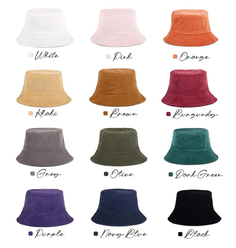 May include: A collection of bucket hats in various colors, including white, pink, orange, khaki, brown, burgundy, grey, olive, dark green, purple, navy blue, and black. Each hat is displayed with its corresponding color name.