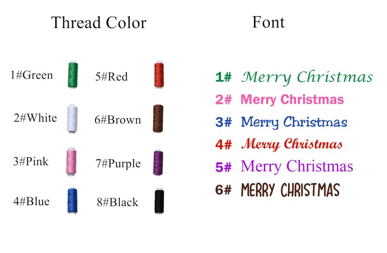 May include: Image showing thread color options and font styles for "Merry Christmas". Thread colors include green, white, pink, blue, red, brown, purple, and black. Font styles display "Merry Christmas" in various colors and a block letter style.