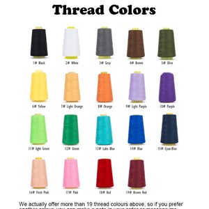 May include: A color chart displaying 19 thread colors, including black, white, gray, brown, and olive. Other colors include yellow, orange, purple, green, blue, pink, and red. The text "Thread Colors" is at the top.
