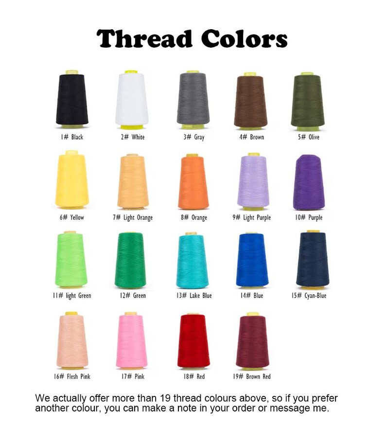 May include: A color chart displaying 19 thread colors, including black, white, gray, brown, and olive. Other colors include yellow, orange, purple, green, blue, pink, and red. The text "Thread Colors" is at the top.