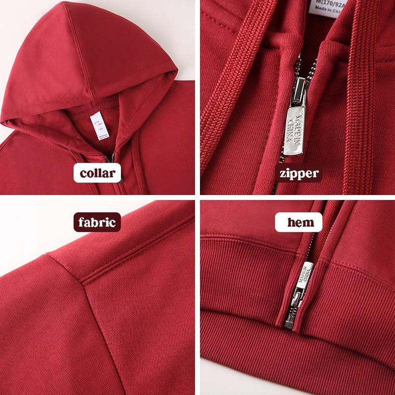 May include: A red hooded sweatshirt with a zipper closure. The sweatshirt has a collar, fabric, and hem.