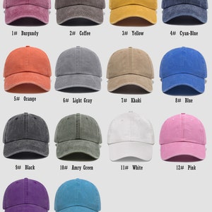 May include: A set of 14 baseball caps in different colours. The caps are made from a soft, comfortable material and have a classic, vintage look. The colours include burgundy, coffee, yellow, cyan blue, orange, light grey, khaki, blue, black, army green, white, pink, purple, and lake blue.