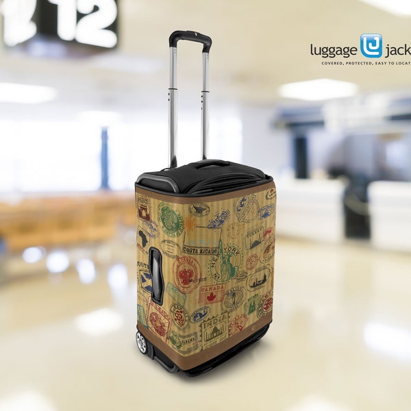 Travel Stamp Design Luggage Jacket Cover, Luggage Cover, Luggage Protector, Neoprene Slip On Sleeve, Suitcase Wrap, TSA Approved, Neoprene