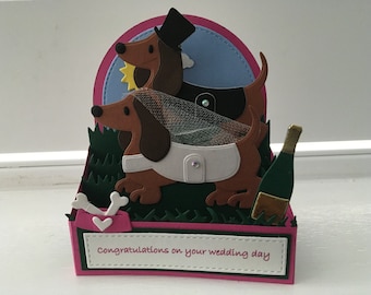 Handmade pop up Dachshund Wedding card