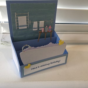 Handmade pop up card Relaxing bathroom scene