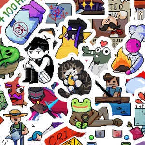 Może przedstawiać: Kolekcja naklejek pixel art z różnymi postaciami i przedmiotami. Zawiera kota trzymającego przekąskę, żabę w garniturze, szefa kuchni i siedzącą osobę. Naklejki mają białe obramowania i są na białym tle.