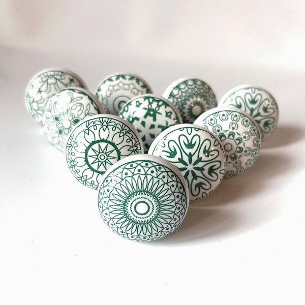 Tiradores de cerámica con diseño de mosaico: Pino verde oscuro, estilo vintage chic.