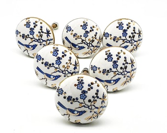WHITE BLUE BIRD Ceramic Hand painted Knobs, GOlD Border Vintage Wardrobe Drawer Cabinet pulls handles knobs   B46