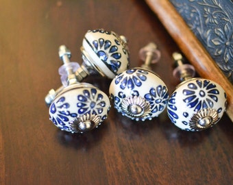 NAVY BLUE  CREAM BlACK Ceramic Hand painted Knobs, Vintage Wardrobe Drawer Cabinet pulls handles knobs  set of 2/4/8/19/12 B27