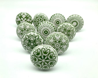 POSITIVE GREEN WHITE Mosaic Ceramic Handcrafted Knobs Vintage Chic Cabinet Wardrobe Drawer Handles Pulls Set of 2/4/6/8/10/12/14/16/18 B67