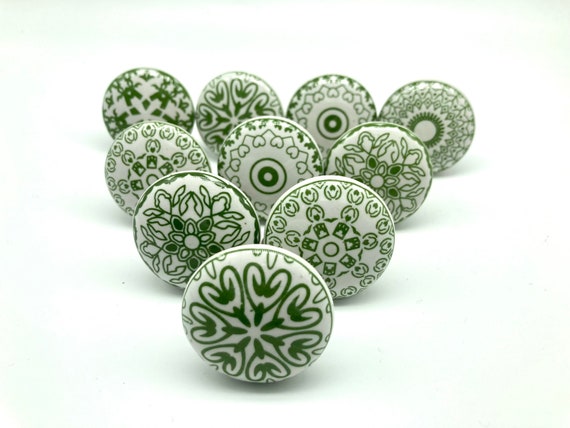 POSITIVE GREEN WHITE Mosaic Ceramic Handcrafted Knobs Vintage Chic Cabinet Wardrobe Drawer Handles Pulls Set of 2/4/6/8/10/12/14/16/18 B67