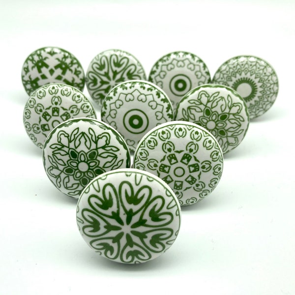 POSITIVE GREEN WHITE Mosaic Ceramic Handcrafted Knobs Vintage Chic Cabinet Wardrobe Drawer Handles Pulls Set of 2/4/6/8/10/12/14/16/18 B67