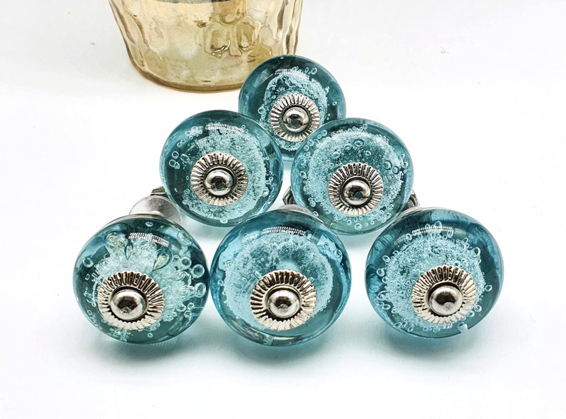 BLUE GLASS Handmade Knobs, AQUA knobs, C Chic Vintage Wardrobe Drawer Cabinet pulls handles knobs Set B50 image 5