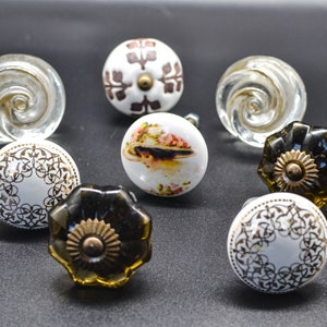 WHITE GOLD VINTAGE Ceramic GlASS Hand painted Knobs, Wardrobe Drawer Cabinet pulls handles knobs  Set of 8 B42
