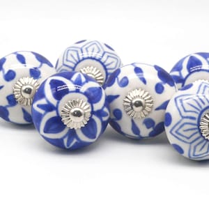 BLUE WHITE Ceramic Hand painted Knobs, Chic Vintage Cabinets Wardrobe Handles Knobs Pulls Set of B64