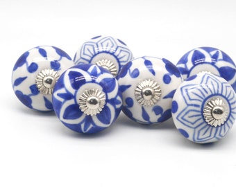 BLUE WHITE Ceramic Hand painted Knobs, Chic Vintage Cabinets Wardrobe Handles Knobs Pulls Set of B64
