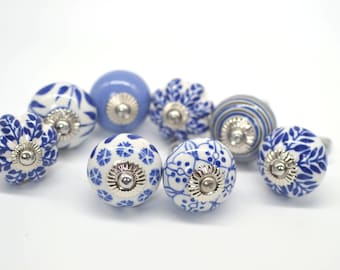 BLUE WHITE Ceramic Hand painted Knobs, Vintage Wardrobe Drawer Cabinet pulls handles knobs B12