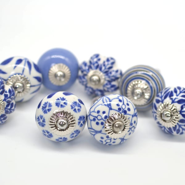 BLUE WHITE Ceramic Hand painted Knobs, Vintage Wardrobe Drawer Cabinet pulls handles knobs B12