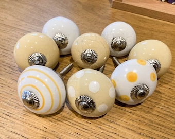 YELLOW WHITE KNOBS Hand painted Knobs, Polka Stripe knobs, Cabinets, Wardrobe, Handles, Knobs, Pulls, Set of 2/4/6/8/10/12/14/16/18/20 B69