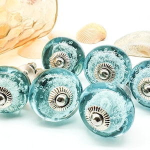 Puxadores artesanais BLUE GLASS, puxadores AQUA, puxadores de gaveta de armário vintage C Chic, conjunto B50