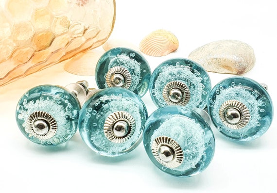 BLUE GLASS Handmade Knobs, AQUA Knobs, C Chic Vintage Wardrobe Drawer Cabinet Pulls Handles Knobs Set B50