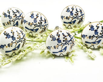 WHITE BLUE BIRD keramische handgeschilderde knoppen, gouden rand vintage kledingkast ladekast trekt handgrepen knoppen B46