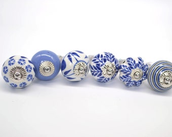 Blue White Ceramic Knobs, Hand-Painted Drawer Pulls, Set of 6