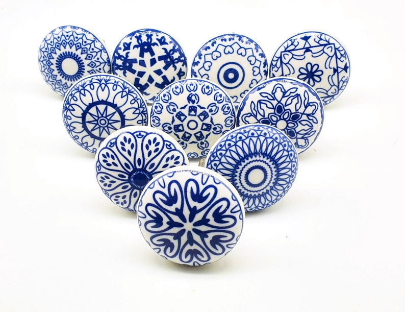 BLUE WHITE Mosaic Ceramic Knobs Vintage Wardrobe Handle Drawer Etsy