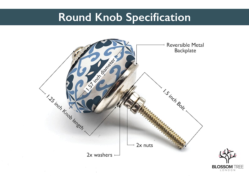May include: A round cabinet knob with a blue and white floral pattern. The knob is 4 cm in diameter and 3.2 cm long. It has a reversible metal backplate and a 3.8 cm bolt. Includes 2 washers and 2 nuts.