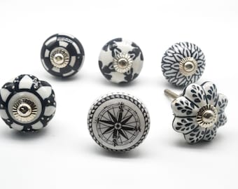 BLACK WHITE KNOBS, Ceramic Knobs Vintage Wardrobe handle Drawer knob Cabinet pulls  B59