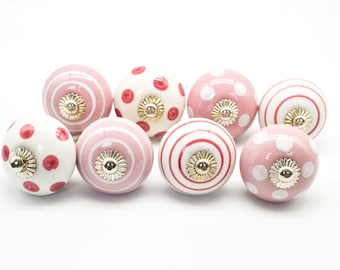 Pink Polka Dot Ceramic Knobs, Handmade Cabinet Drawer Pulls