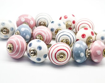 PINK GREY POLKA STRiPE Ceramic Handcrafted Knobs Vintage Chic Cabinet Wardrobe Drawer Handles Pulls Set of 2/4/6/8/10/12/14 B15/B16