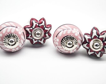 PINK WHITE Ceramic Hand painted Knobs, Vintage Wardrobe Drawer Cabinet pulls handles knobs  Set of 4 B40/41