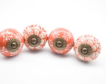 ORANGE WHITE ANTIQUE Ceramic Hand painted Knobs, Vintage Wardrobe Drawer Cabinet pulls handles knobs B26a/b